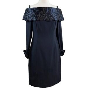 Vtg AJ Bari Off Shoulder Quilted Trim Cuffs Cocktail Evening Dress Black Size 6